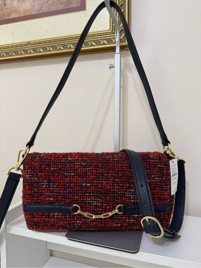 Talbots Red Tweed Shoulder Bag with Blue Leather Trim